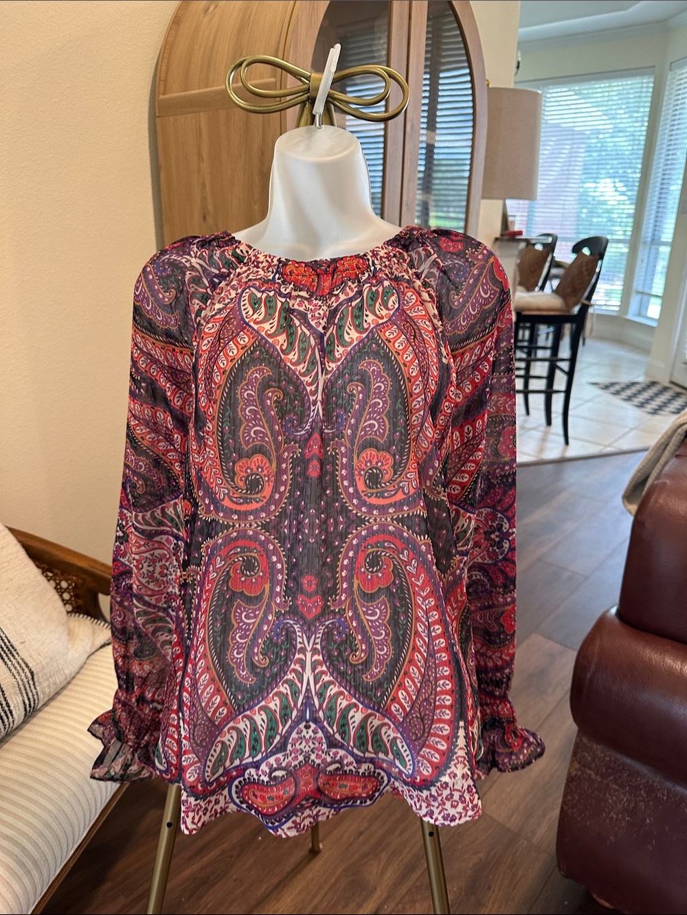 LOFT Paisley Long-Sleeve Blouse in Red and Purple